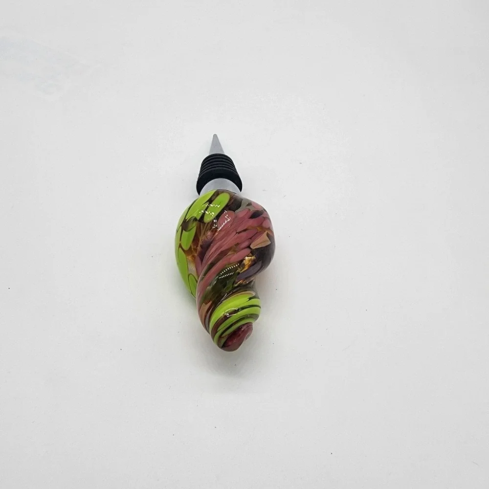Hand-Blown Art Glass Wine Bottle Stopper with Swirl Color Top – Green Pink Amber